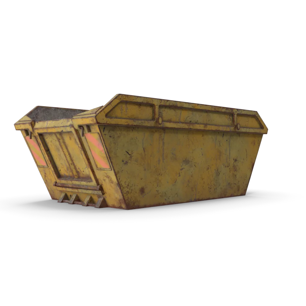 Yellow skip hire container for household, garden and construction waste.